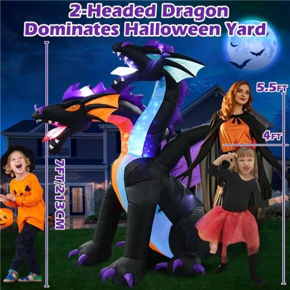Halloween Inflatable 7 FT Tall Giant 2 Headed Dragon Built-in Flashing LEDs - Picture 3 of 5